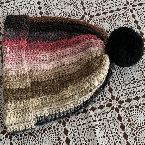 Handmade Hand Crocheted Ladies Hat Cap Beanie Black Brown Pink One Size Warm Winter Wear
