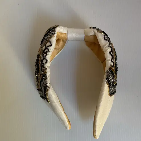 Hand Beaded Mexican Headband Beige Padded Turban Style Embroidered Boho NWT Gold