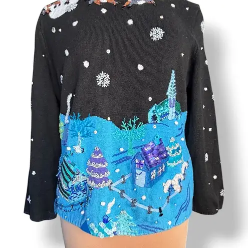 Vintage Michael Simon Event XL Holiday Village Sweater Black Blue Bead Applique