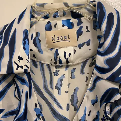 Naomi Womens Sheer Button Down Blouse XL 42” Blue White Print Ruffles Beach