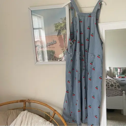 Dressed in Lala Cherry On Top Denim Jumper Dress Blue Size XL