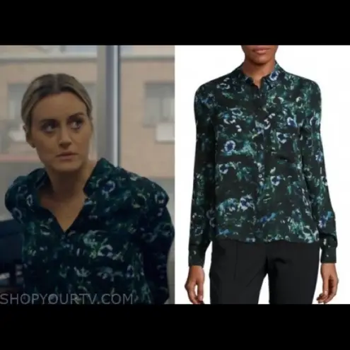 Haute Hippie 100% Silk Blue Green Floral Semi Sheer Open Back Button Down Top