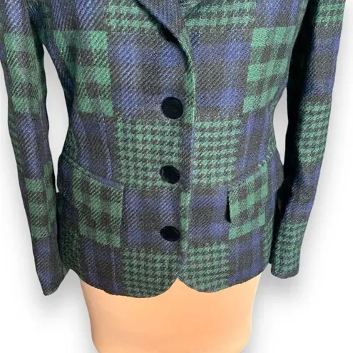 J. McLaughlin Vintage Blazer Jacket Sharp Shoulder Patchwork Green Plaid Velvet