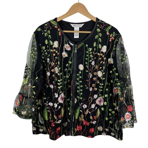 Drapers & Damons Floral Embroidered Sheer Mesh Zip Front Jacket 2X Cottage Boho Black