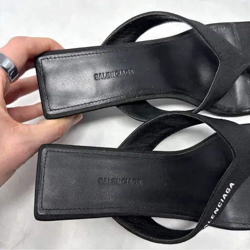 Balenciaga Double Square Toe Thong Block Heeled Sandals Black Designer Retro 36