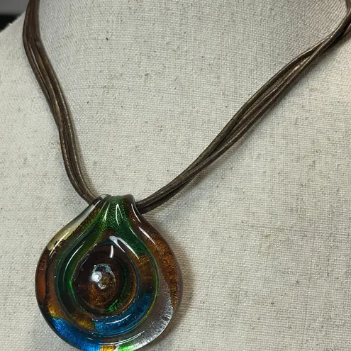 Vintage Fairy Core Green Brown Blue Glass Spiral Corded Pendant Necklace Choker