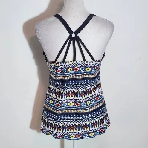 Yonique Feather Print Boho Tankini Top NWT Size Medium Aztec Print Tankini Blue