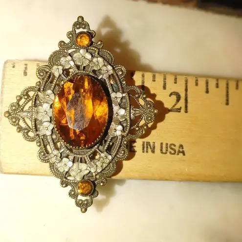 Antique Victorian Brass Filigree Brooch Yellow Orange Amber Colored Glass