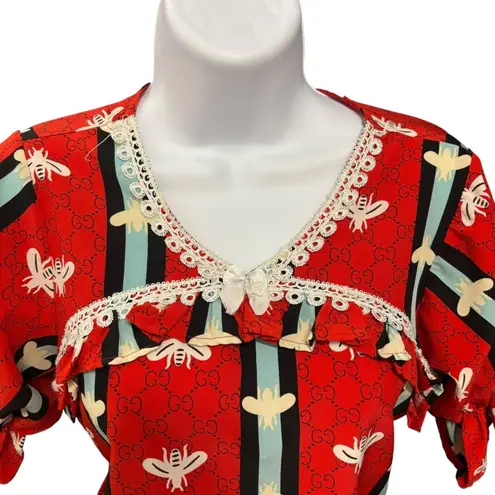 Womens Bee Print Pajama Set Short Sleeve Top & Ruffle Shorts Loungewear** Red