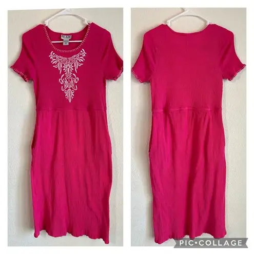 Blair Vintage Embroidered Midi Pink Crinkle Dress Size Medium Summer Beach