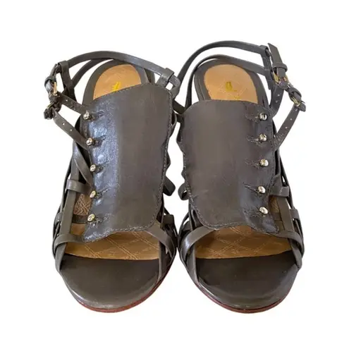 L.A.M.B. Raja Gray Leather Cage Sandals - Strappy Stiletto Heels w/ Dust Bag