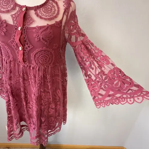 Jens Pirate Booty Free People El Sol Dark Rose Lace Babydoll Mini Dress Size S Pink