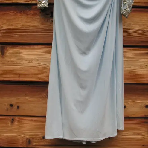 Mac Duggal 26485 Blue Foldover Long Sleeve Jeweled Midi Dress