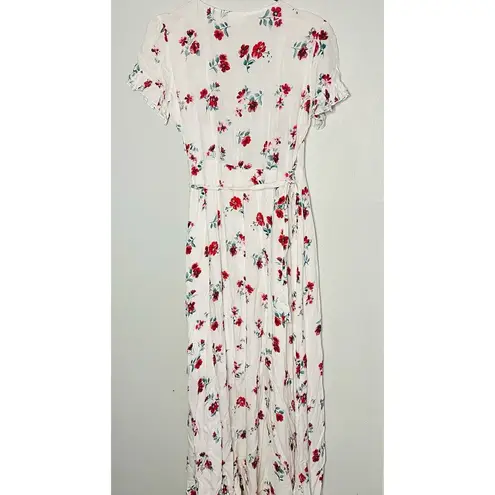 Gebe Maternity White Red Floral Tie Waist Ruffle Sleeve Maxi Wrap Dress Size M