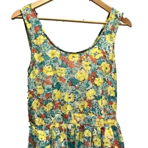 BCBGMAXAZRIA  Floral‎ Yellow, Blue, Orange Midi Short Sleeve Dress Medium