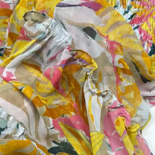 Truth Tiered Wide Leg Pants Smocked Waist Tropical Large Sheer Legs Resort Yellow