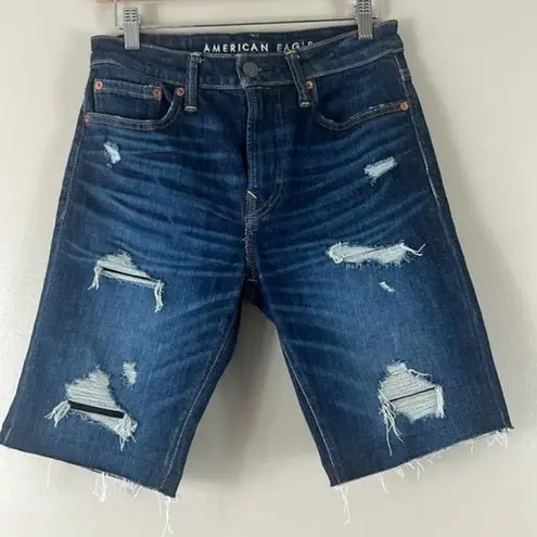 American Eagle Next Level Airflex Distressed Bermuda Denim Shorts Blue Size 28