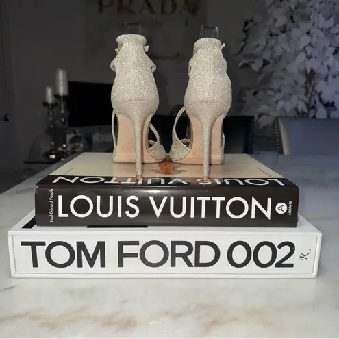 Jimmy Choo Azia 95 Platinum Ice Dusty Glitter Stiletto Sandals Pumps