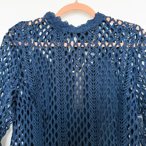Dolce Cabo Womens Top Medium Navy Crochet Bell Sleeve Semi Sheer Boho Victorian Blue