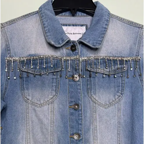 The Style Between Us Denim Fringe Rhinestone Fringe Jean Jacket Size Medium