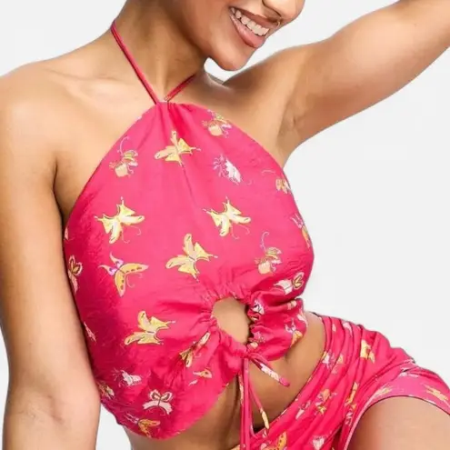 Something New Pink Butterfly Halter keyhole Crop Top Y2K Fairy Coquette XS