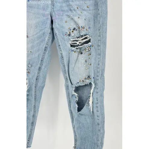 Hippie Laundry Blue Womens High Rise Girlfriend Jeweled Distressed Jeans Size 29