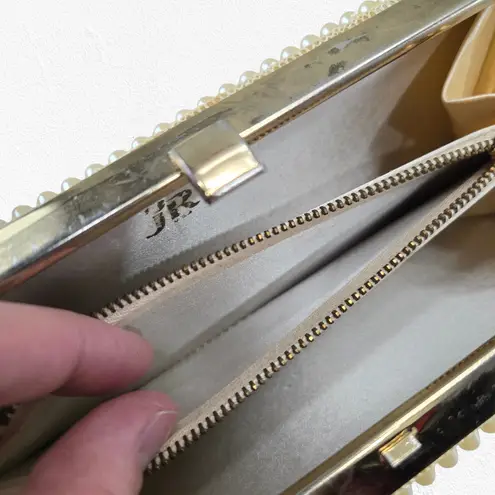 Vintage 60s JR USA Pearl Beaded Evening Clutch Gold Frame Bridal Cocktail Bag White