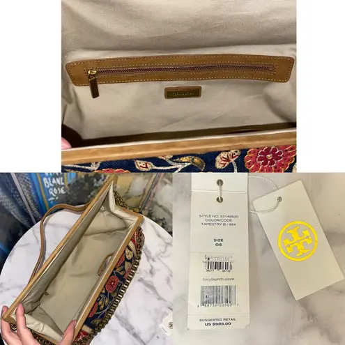 Tory Burch  Tapestry Embroidered Barrel Bag Floral Carpet Navy Red Gold GUC - Image 10