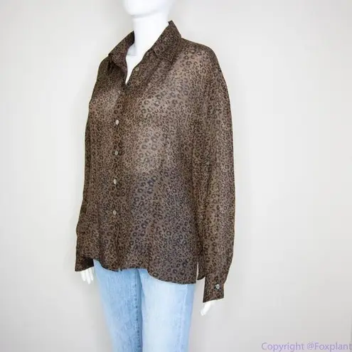 Silk Icon Collection 100% silk leopard animal print button down shirt, size L Brown Size L