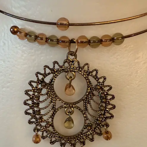 Large Ornate Circular Pendant WIRE CHOKER NECKLACE Bohemian Statement Piece Gold