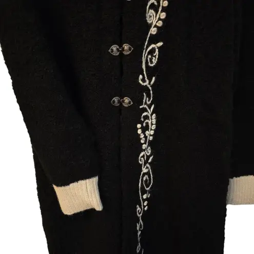 Womens Alpaca Wool Floral Embroidery Long Sweater Cardigan Heart Clasps Peru LRG Black Size L