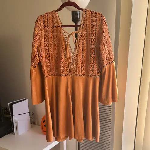 Eyelet Cut Out Western Faux Suede Dress Burnt Orange Tan Color with Bell Sleeves Size XL