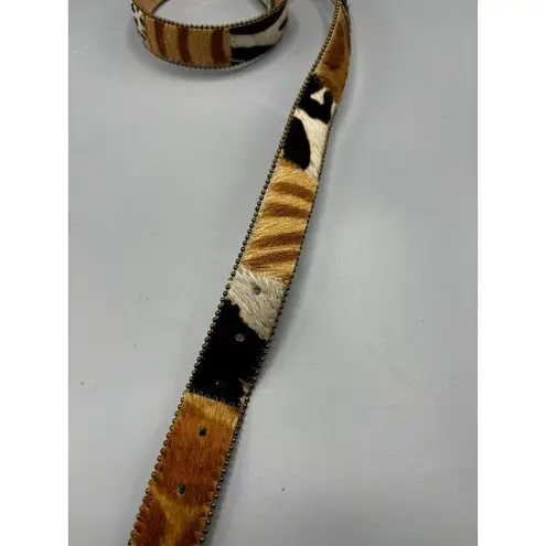 Vtg Elite Animal Print Leather Belt Brass Buckle Black Size M