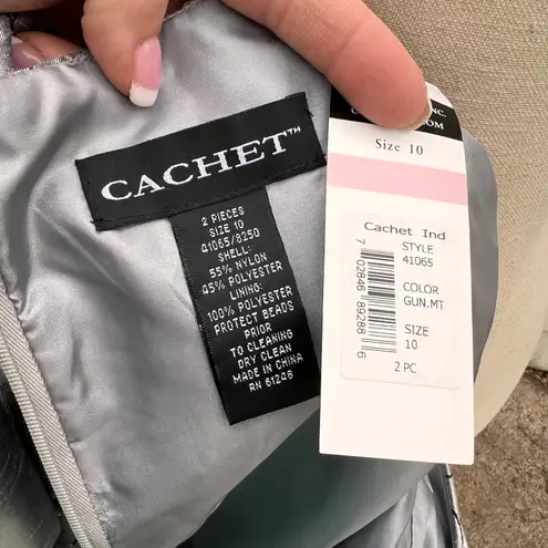 Cachet Silver Gray Embroidered Blouson Peplum Dress Matching Blazer Jacket 10