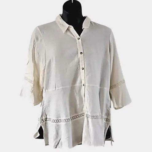 Isaac Mizrahi Live! Bridgehampton Linen Tunic with Lace Trim - White, Size XL