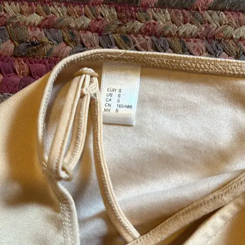 CREAM NUDE ASYMMETRICAL BODYCON WRAP FRONT CAMI DRESS