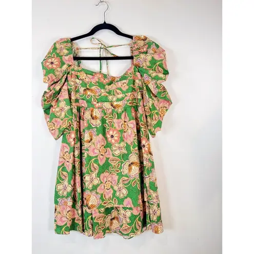 Misa Dress Green Kate Mini Ruched Puffed Floral Pintuck Tie Back A Line Boho XS