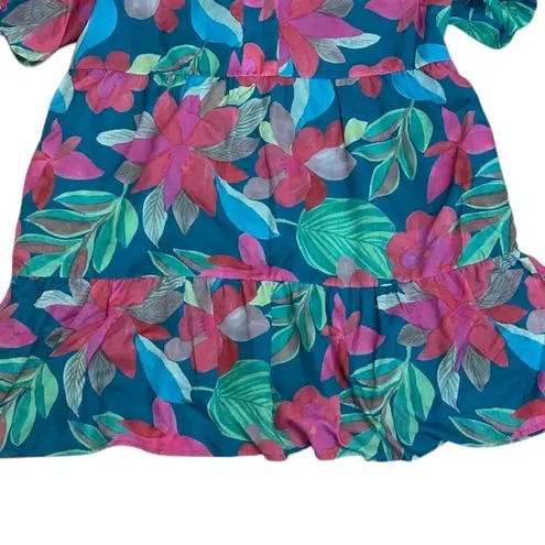 THML Flower Power Mini Dress Teal Pink Puff Sleeve Tiered Short Dress Size XL