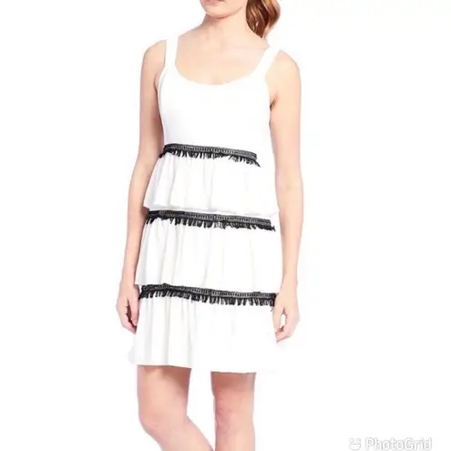 H by Halston HALSTON White Black Sleeveless Fringe Cocktail Dress Tiered Ruffle Size 6 New