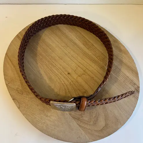 Vintage 90s Tan Woven Weaved Genuine Leather Square Floral Buckle Belt Size SM Brown