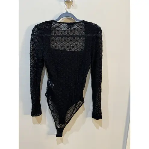 Ganni Women's Size Medium Bodysuit Black Lace Square Back Long Sleeve Lined