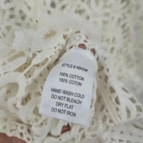 Yoana Baraschi Anthropologie  Top White Lace‎ Crochet Fringe Trim Short Sleeve S