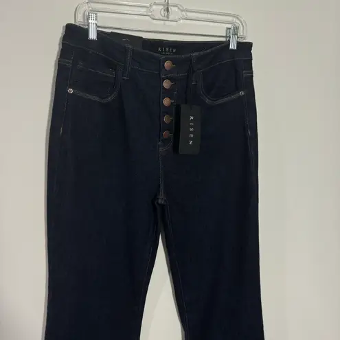 Risen NWT  High Waisted Exposed Button Fly Flare Jeans Dark Blue Wash Size 30