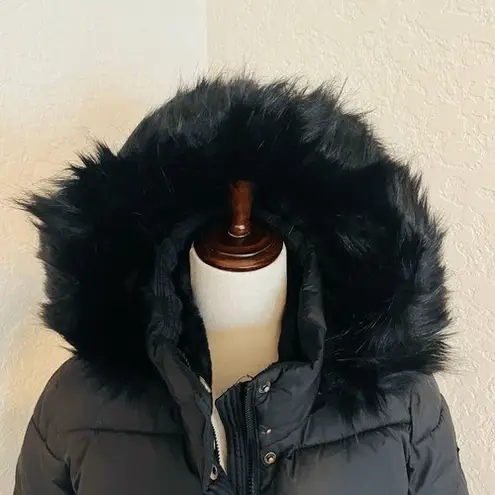 Larry Levine Faux Fur Trim Removable Hooded Long Puff Coat, Black, Small, NWT