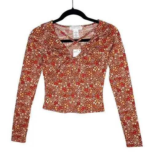 Planet Gold Floral Long Sleeve Criss Cross Crop Top Burnt Henna XS Bohemian New