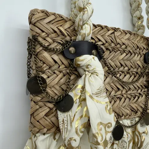 Sun 'N Sand Woven Straw Fabric Gold Metallic Tote Bag Boho Chain Chic Brown