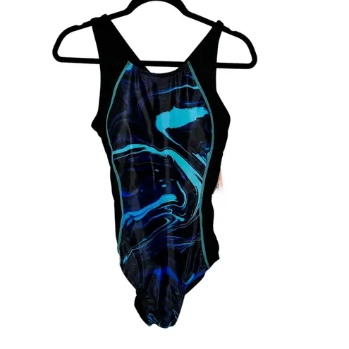 Charmo Swimsuit One Piece Athletic Training Blue Marble UPF 50+ Womens