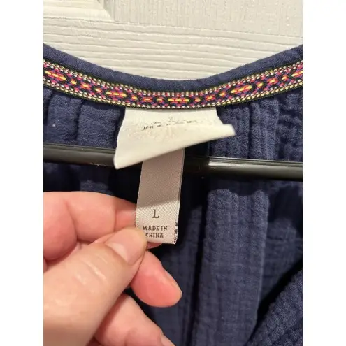 Knox Rose  Navy Double Cotton Gauze Short Sleeve V-Neck Tassel Romper‎ Size Large