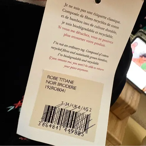 Sézane SEZANE Velvet Titiane Dress Midi Floral Embroidered In Noir Broderie Size 34 NWT