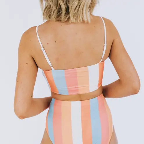 One Loved Babe Bikini Set Size Medium Retro Stripe High Waist Swim Two Piece M Orange